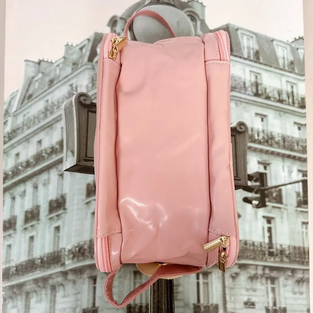 Pink 3‑Layer PU Leather Travel Cosmetic Bag, Toiletry Organizer with Handle